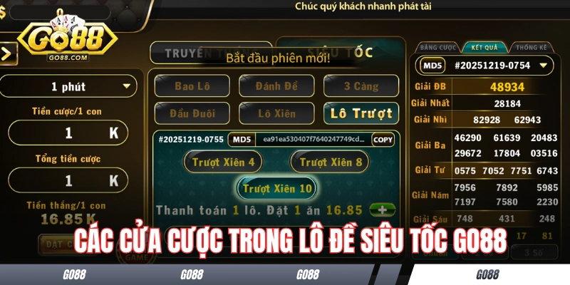 Các cửa cược có trong lô đề siêu tốc GO88 